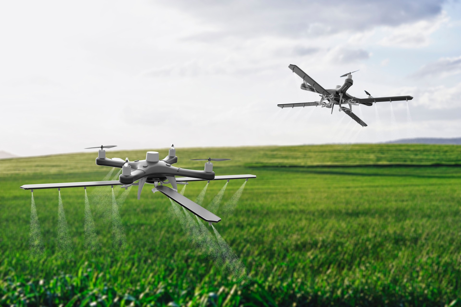 Drones spraying a field